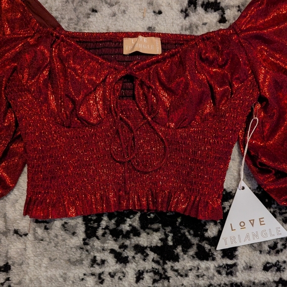 Love Triangle Milk Maid Crop Top Red Sparkle Balloon Sleeve Womens 6 NWT Ruching - Picture 4 of 7
